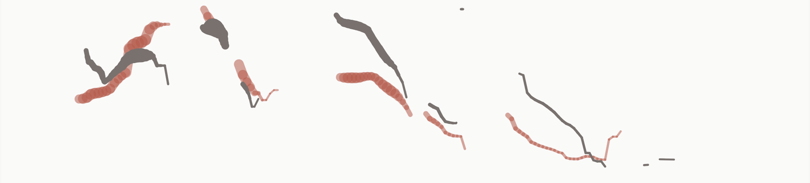 お手本を朱、録音例を墨で重ねた実際の墨絵
